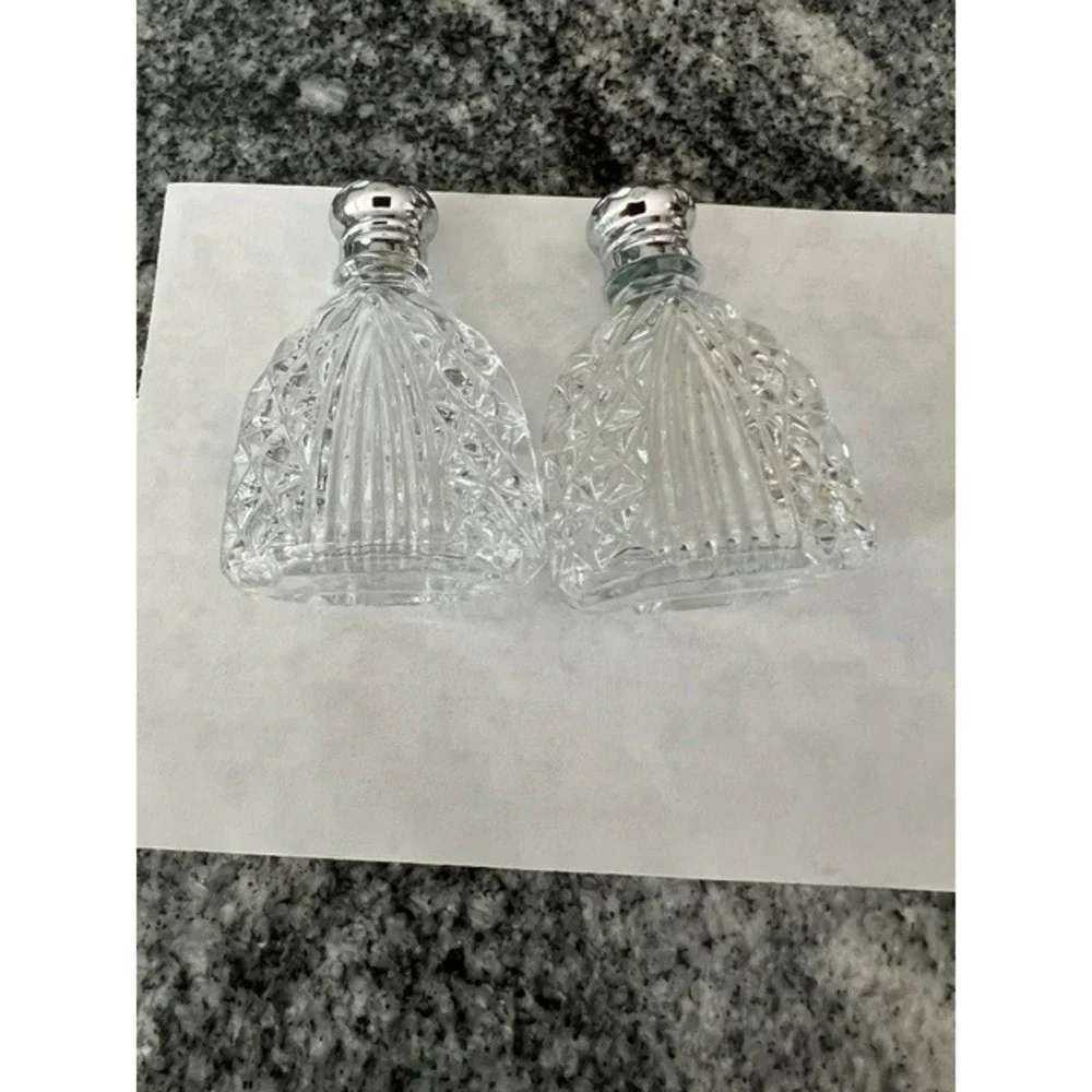 Vintage Pressed Glass Salt and Pepper Shakers Set Clear Silver Tone Good Cut